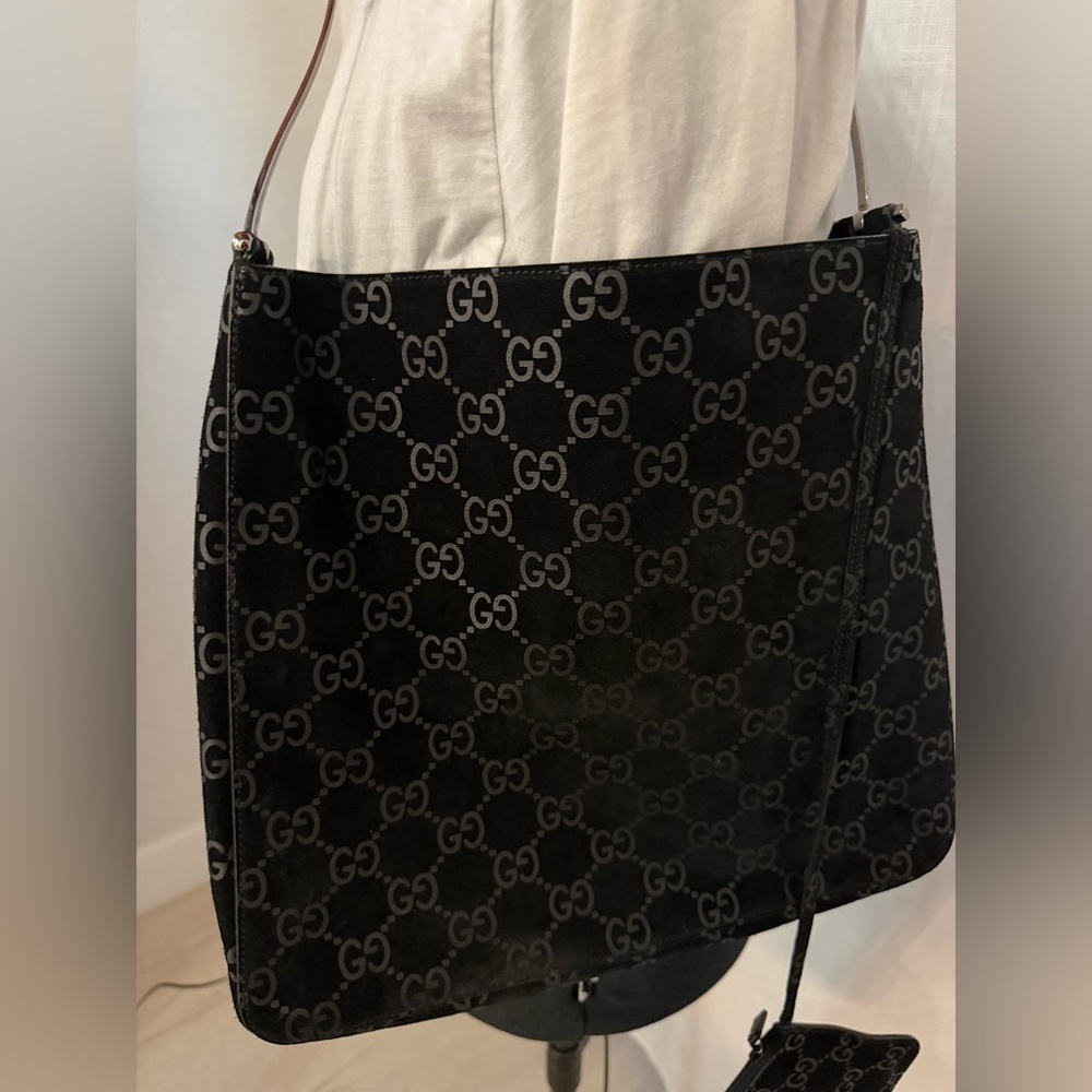 RARE Vintage Gucci Black Suede Monogram Metal Horsebit Strap Hobo Bag - Picture 7 of 17